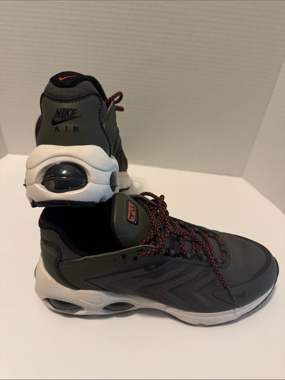 Nike Men's Olive and Black Air Cushion Running Sneakers with Orange Accents